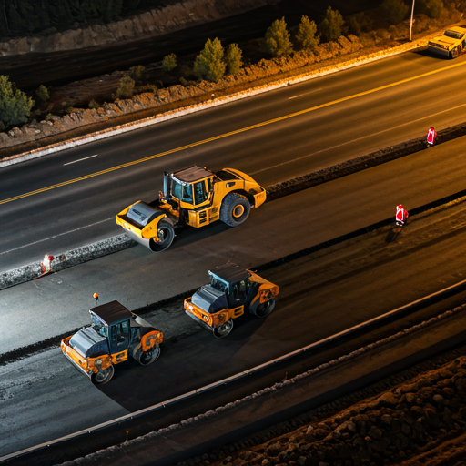 Overhead view of heavy construction equipment and steamrollers working on a new road project at dusk