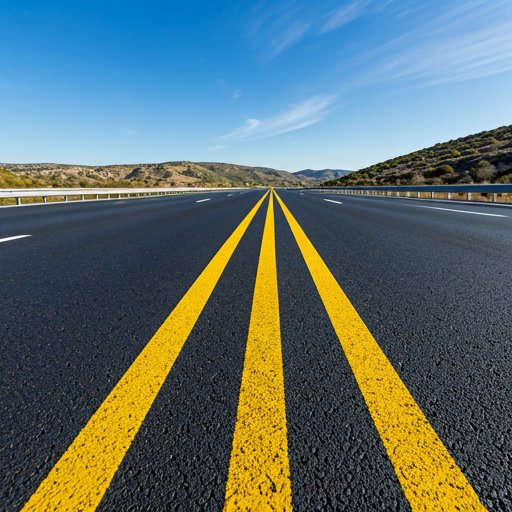 Expansive view of a newly paved asphalt highway stretching into the distance