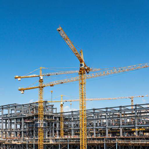 Wide angle shot of a massive construction site with multiple yellow cranes and structural steel framing under a clear blue sky