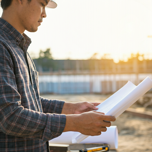 Close up of an engineer in a white hard hat reviewing architectural blueprints on a sunlit construction site